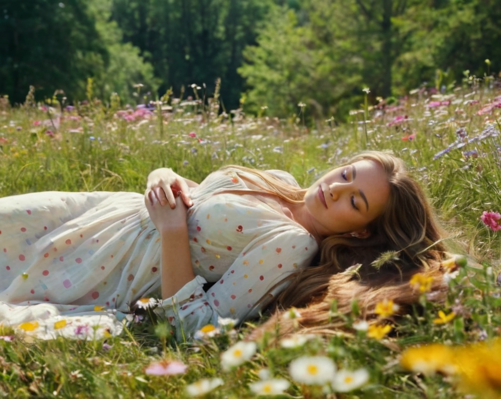 A sunlit meadow dotted with colorful wildflowers, where a woman lies on a patch 