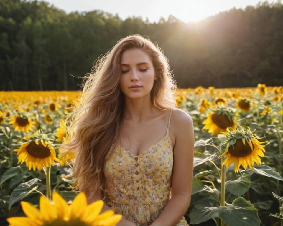 A field of blooming sunflowers stretching towards the horizon, with a woman walk