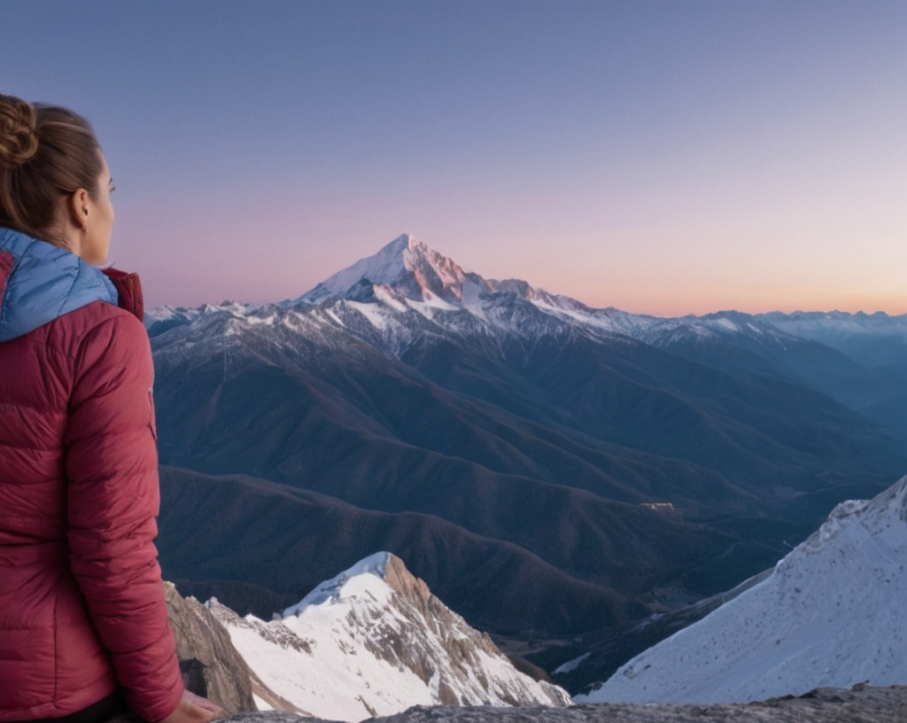 A snow-capped mountain peak at twilight, with a woman standing at the summit gaz