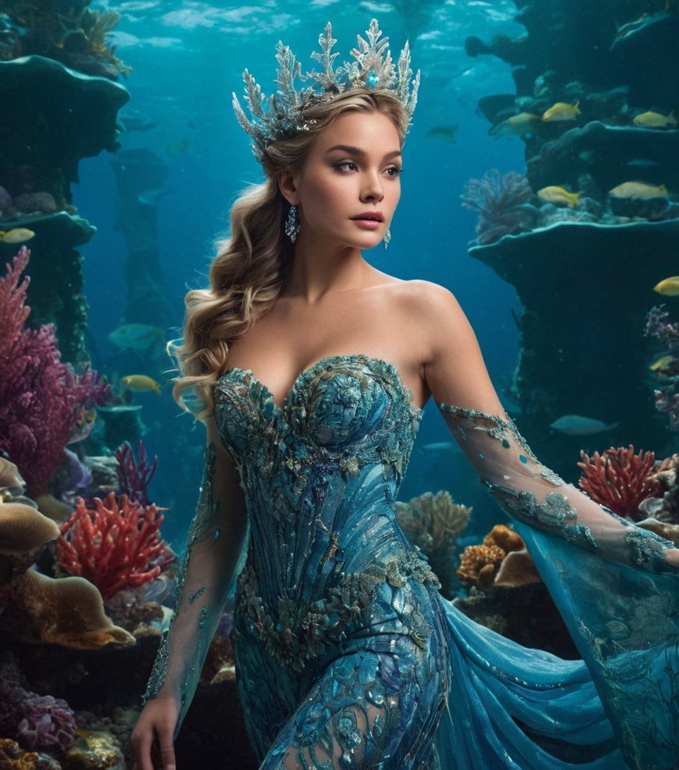 A regal underwater siren with opulent coral-encrusted armor and flowing seaweed 