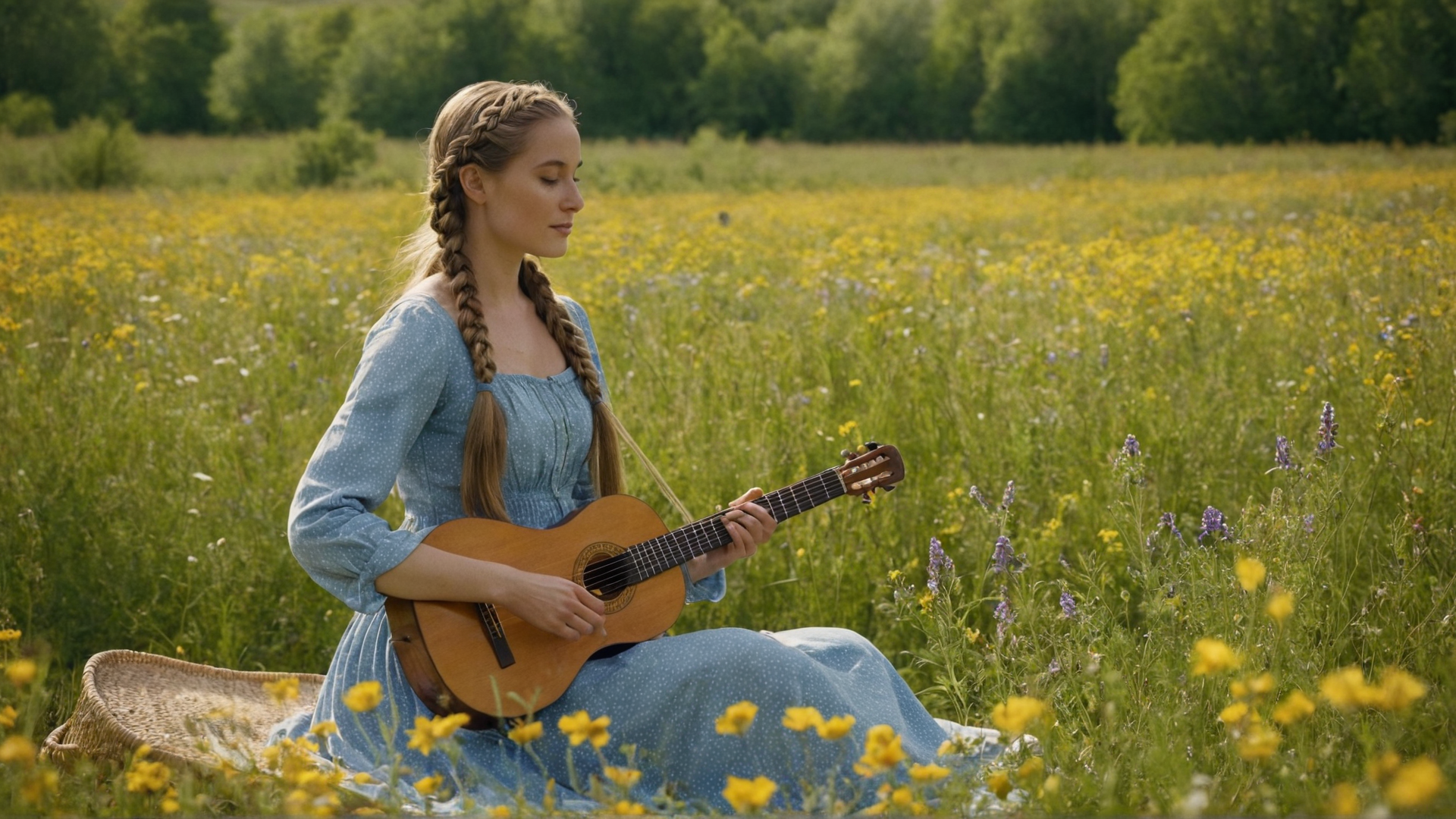 A sun-dappled meadow filled with blooming wildflowers, where a woman with long b