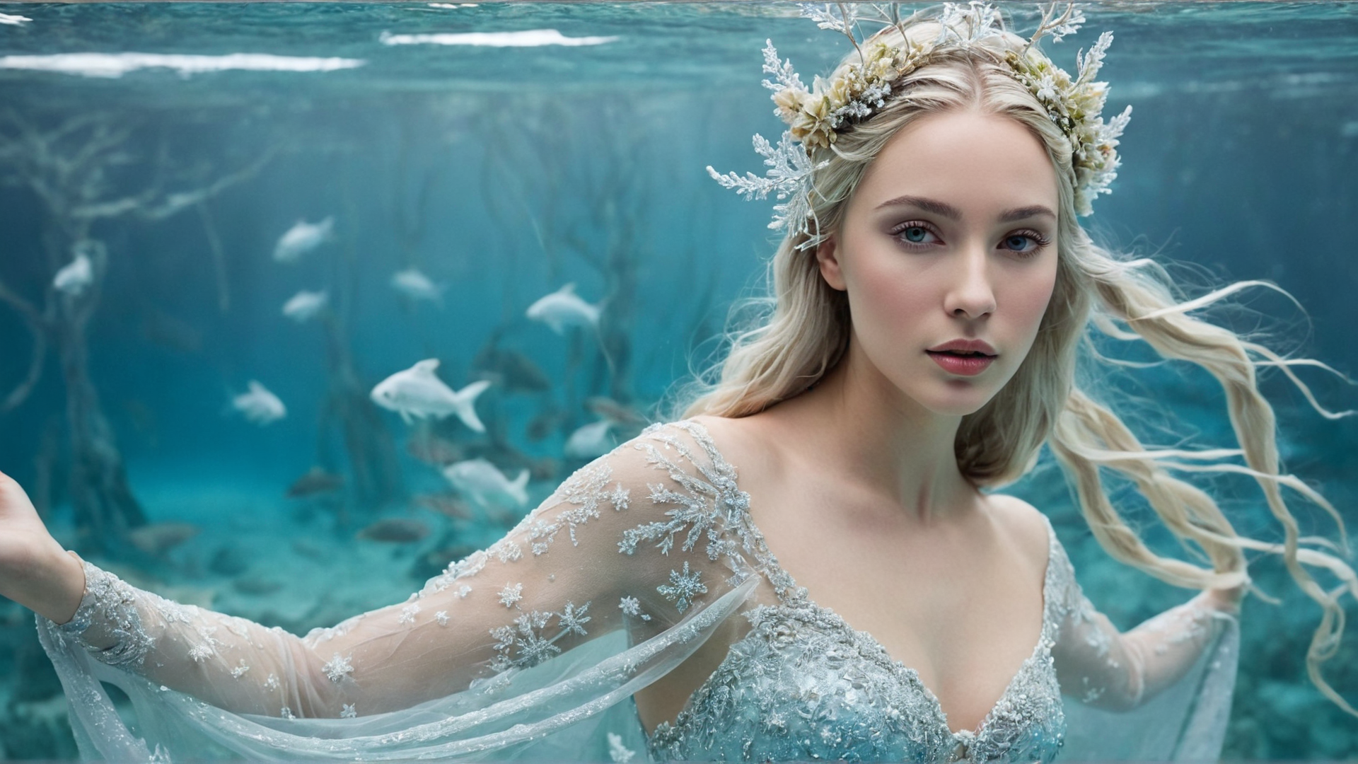 A serene water nymph with flowing aquatic flora in her hair, gliding through a t